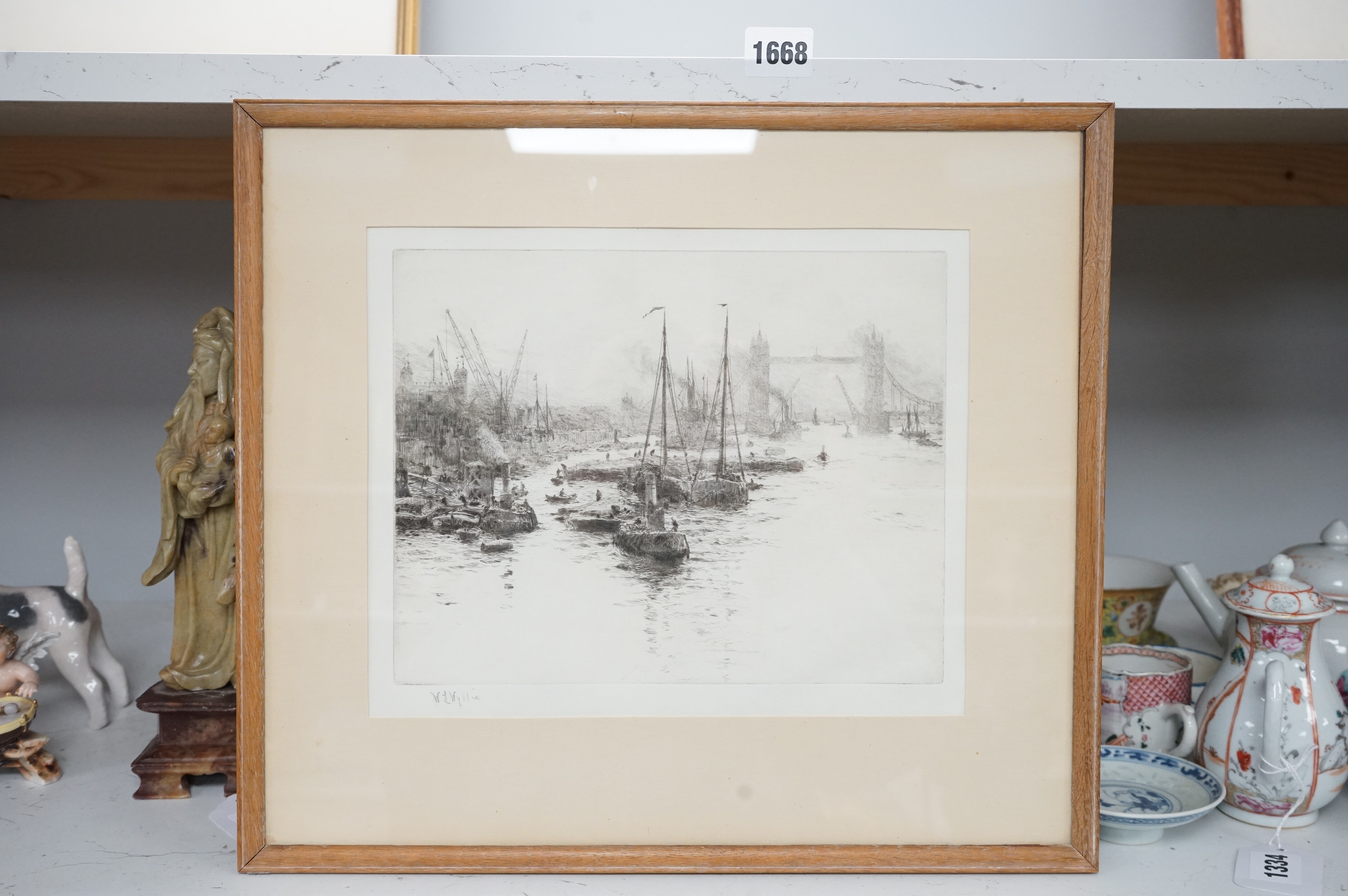 William Lionel Wyllie (1851-1931), etching, Tower Bridge with barges, signed in pencil, 22 x 27cm